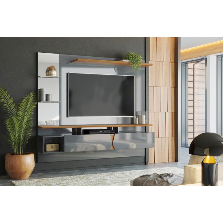 Painel Vega P/ Tvs Até 55''  C/ Gaveteiros E Prateleiras Suporte Para Itens - Cinza Perolizado/Tauari