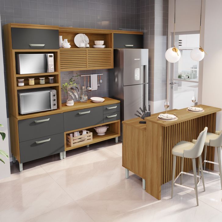 Cozinha Completa Princesa com Ilha 7 Portas 6 Gavetas Freijó e Grafite