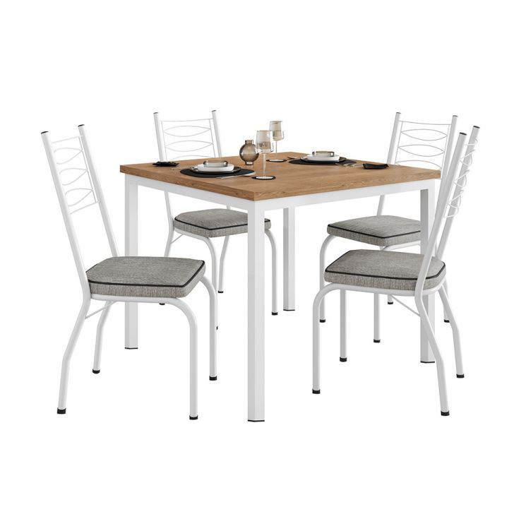 Conjunto De Mesa Quadrada Com Tampo Mdp E 4 Cadeiras Adriana Revestimento Sintético Grafiato Cinza E Branco