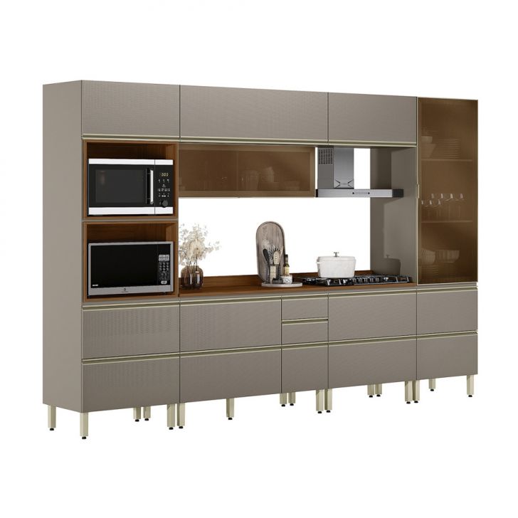 Armário de Cozinha Compacta com 2 Vidros Reflecta Proença 8 Portas 8 Gavetas Nude e Nogueira