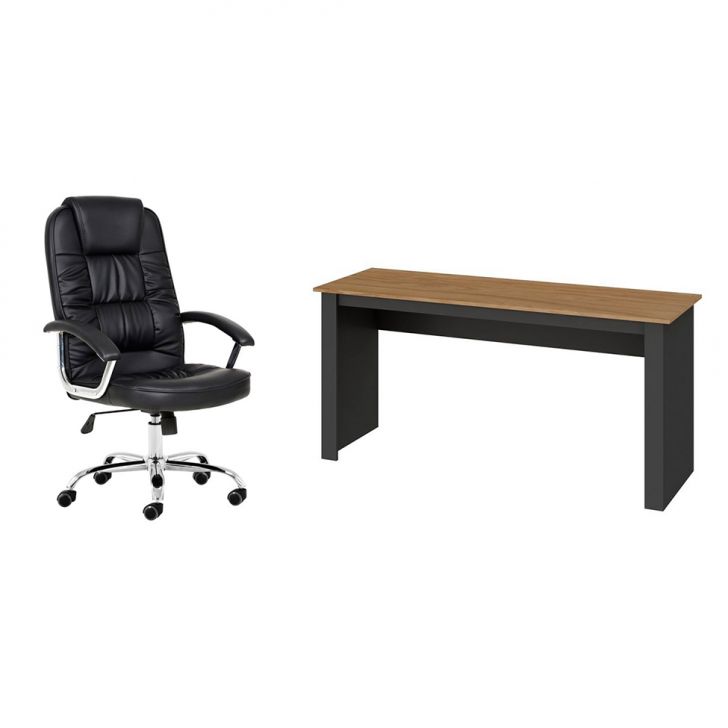 Conjunto de Mesa Liz Nogal e Grafite com Cadeira de Escritório Presidente Giratória com Relax Finland Preta