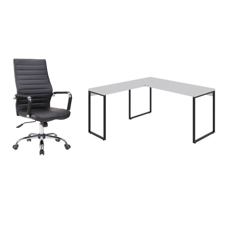 Conjunto de Mesa Kuadra II Branca 150 cm com Cadeira de Escritório Diretor Giratória Cleaner Preta