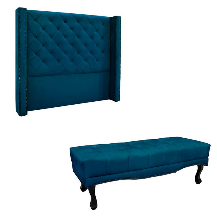 Conjunto de Cabeceira Casal com Recamier Vicenza Veludo Azul Marinho