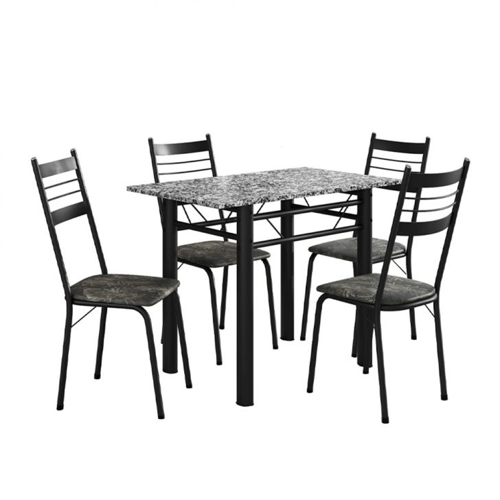 Conjunto De Mesa Retangular Com Tampo De Granito E 4 Cadeiras Palma Revestimento Sintético Floral Dourado E Preto 100 Cm