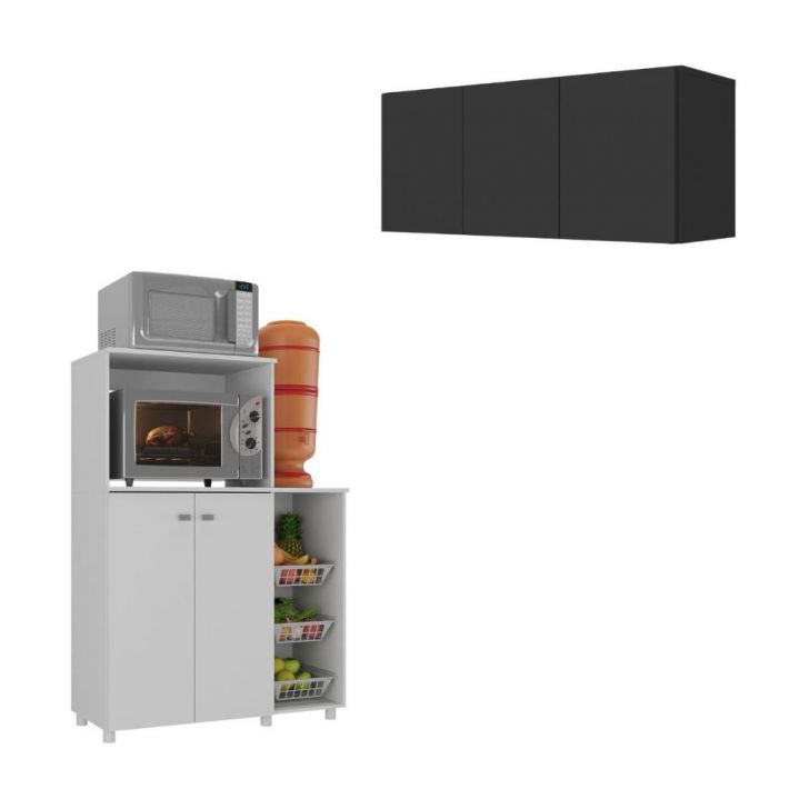 Kit Armário de Cozinha 3 Portas com Balcão Multiuso/Fruteira Multimóveis MP2235 Branco/Preto