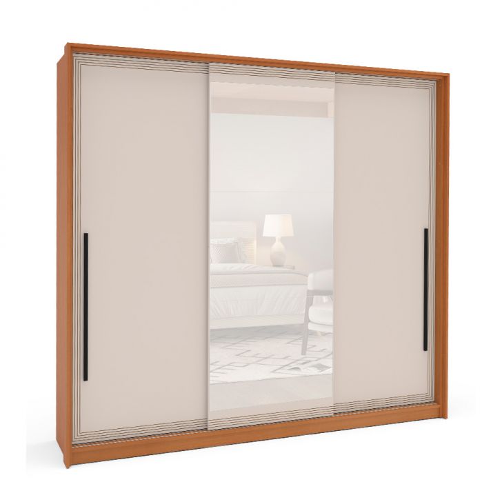 Image of Guarda-roupa Casal Com Espelho Valência 3 Portas 4 Gavetas Freijó E Creme PLA-MO895CL72ORRMOB