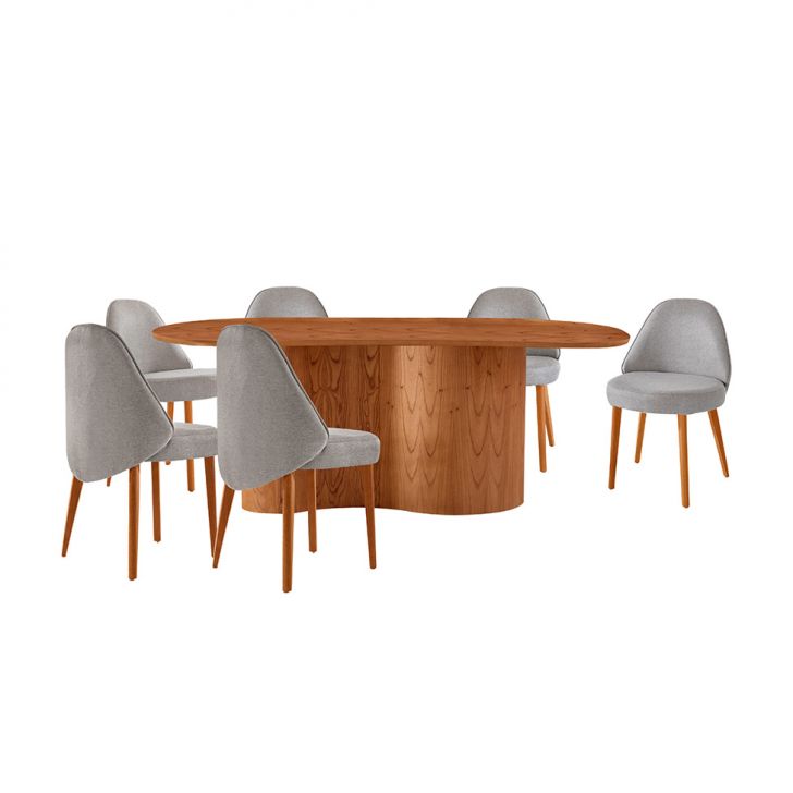 Mesa De Jantar Orgânica Com Tampo Laminado E 6 Cadeiras Floripa Linho Cinza Claro E Imbuia Natural