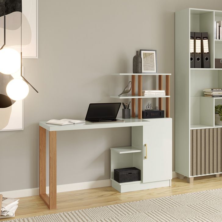 Escrivaninha Emily 100% MDF 1 Porta Off White e Freijó