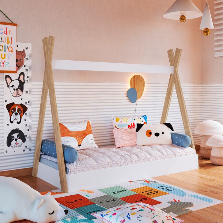 Cama Infantil Montessoriana Com Colchão Espuma D23 (12x78x188) Cabana Branca E Itapuã