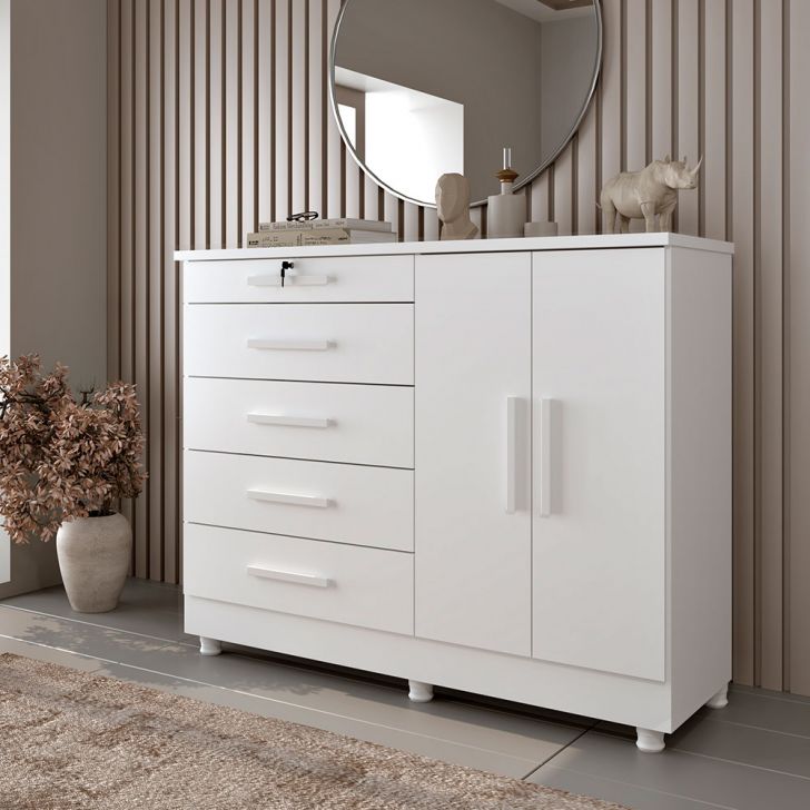 Cômoda Istambul com Pés 2 Portas 5 Gavetas Neve