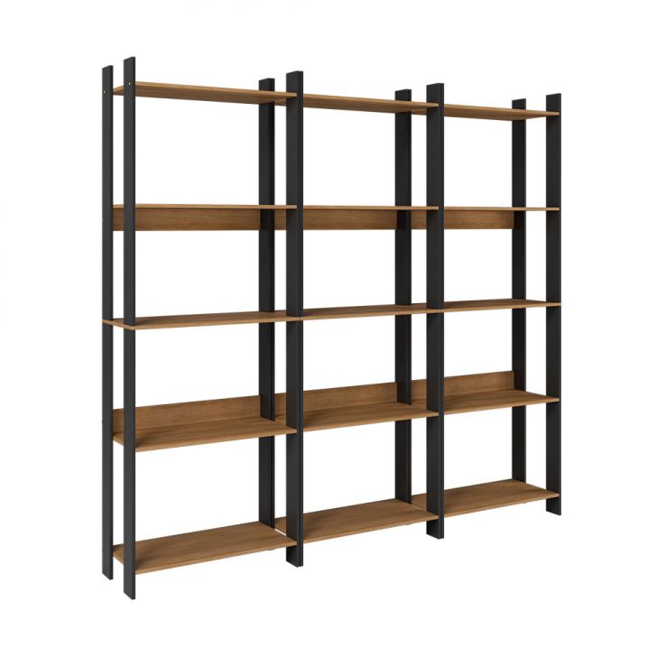 Conjunto com 3 Estantes Elara Mel e Preto