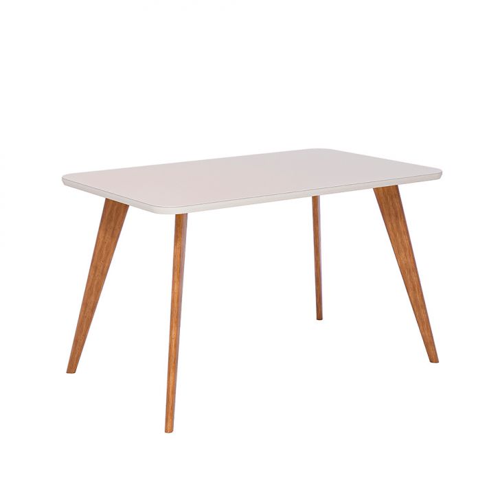 Mesa de Jantar Retangular com Tampo de Vidro Acerola Off White e Madeira 130 cm