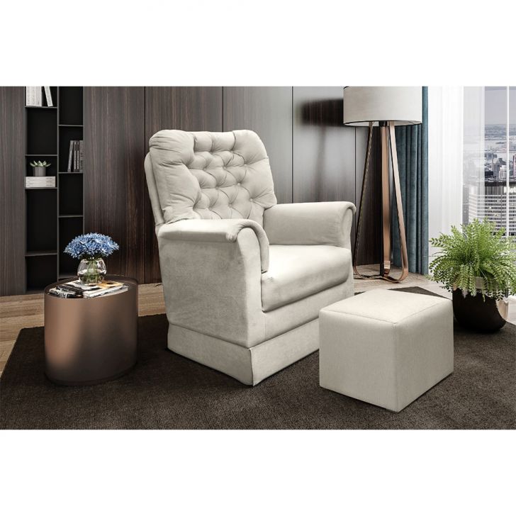 Poltrona para Amamentação Balanço com Puff Agatha Suede Bege Claro