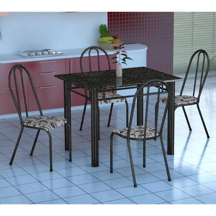 Conjunto De Mesa Genova Com 4 Cadeiras Alicante Preto Prata E Branco Floral
