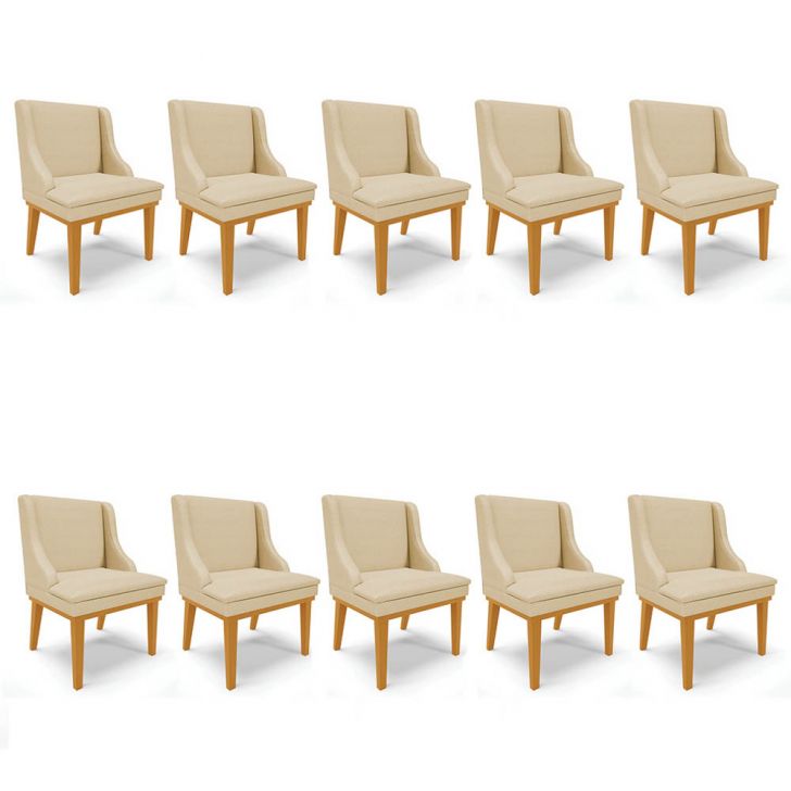 Kit 10 Cadeiras Estofadas para Sala de Jantar Base Fixa de Madeira Castanho Lia Veludo Off White - Ibiza