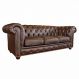 Sofá 3 Lugares Sala de Estar Chesterfield Pés Madeira Couro Tabaco Brilho - Gran Belo