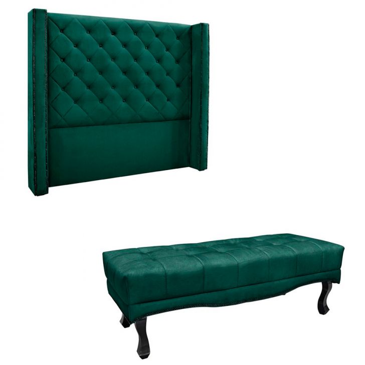 Conjunto de Cabeceira Casal com Recamier Vicenza Veludo Verde