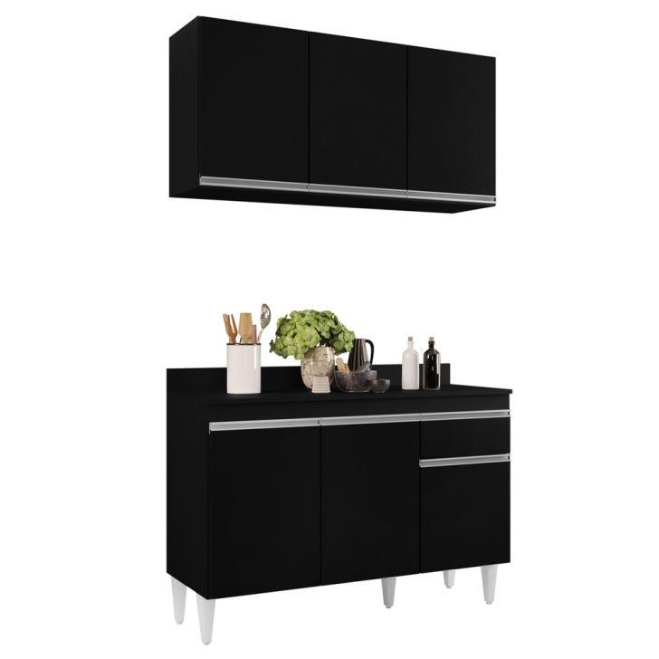 Armário Aéreo Virgínia e Balcão para Pia com Tampo 120cm Arizona Preto - Lumil