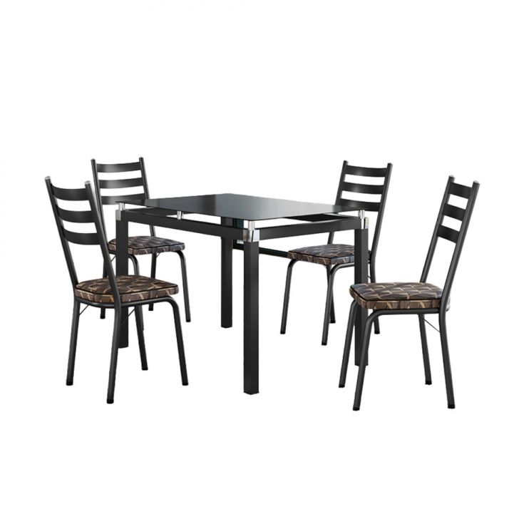 Conjunto De Mesa Retangular Com Tampo De Vidro Malva E 4 Cadeiras New Revestimento Sintético Mosaico Palha E Preto 107 Cm
