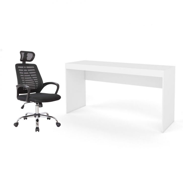 Conjunto de Mesa Marselha Branca com Cadeira de Escritório Diretor Giratória Light Preta