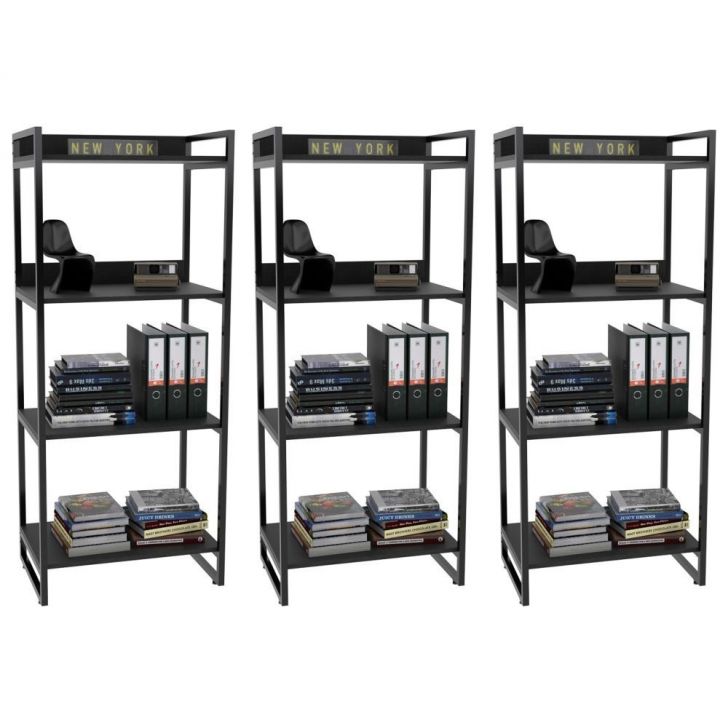 Kit 3 Estante Livreiro Prisma Estilo Industrial 60cm 4 Prateleiras C08 Preto Onix - Mpozenato