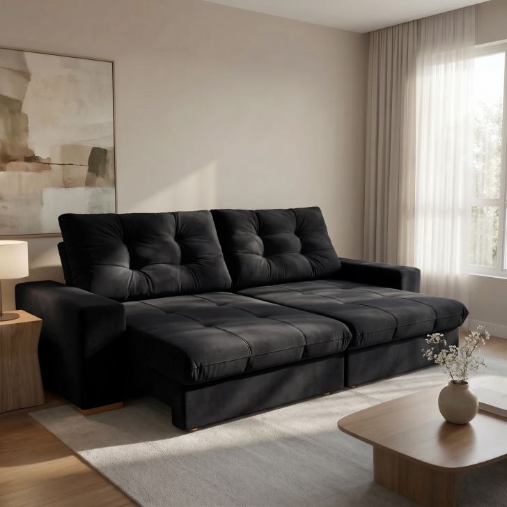 Sofá 3 Lugares Retrátil E Reclinável Biarritz Suede Preto