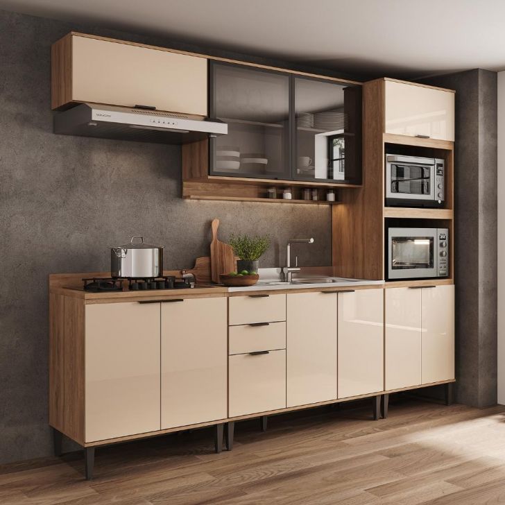 Armário de Cozinha Completa c Balcão Miami Studio Carraro Off White c Freijó