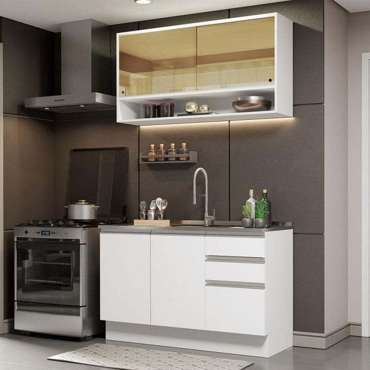 Cozinha Compacta Madesa Glamy 120002 com Armário e Balcão (Sem Tampo e Pia) – Branco