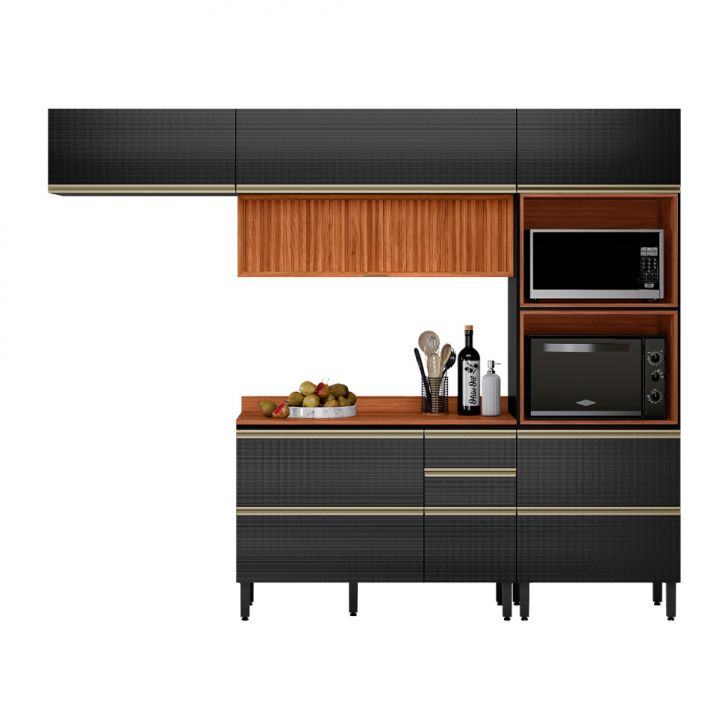 Armário de Cozinha Compacta Ripada Proença 6 Portas 5 Gavetas Carbono e Nogueira