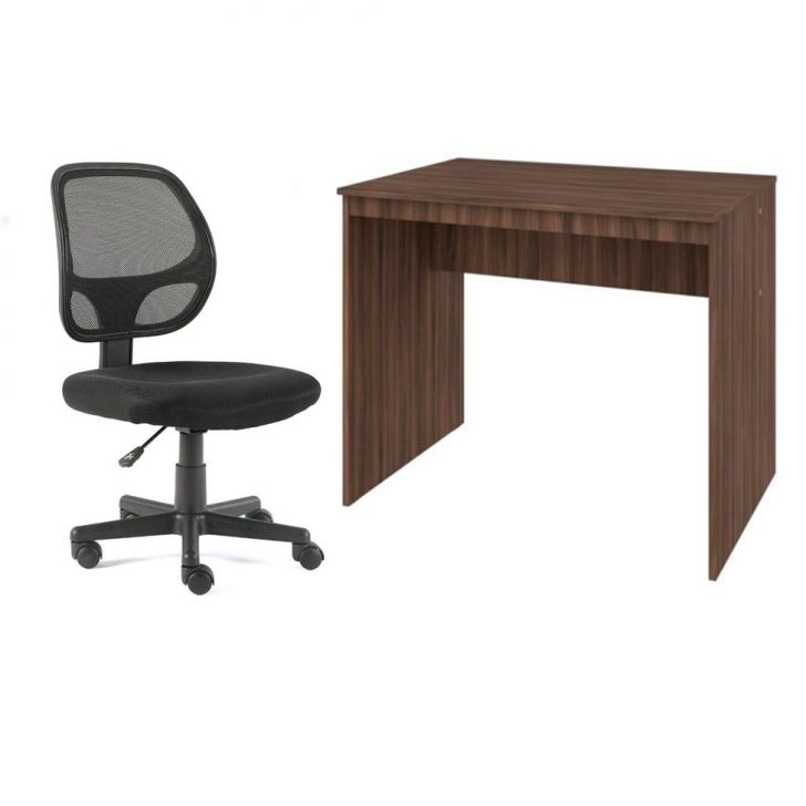 Conjunto de Mesa Office Nogal com Cadeira de Escritório Secretária Giratória Oxford Preta