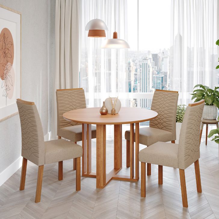 Conjunto De Mesa Redonda Com Tampo De Mdf Cinamomo Flora E 4 Cadeiras Clarice Linho Bege E Madeira