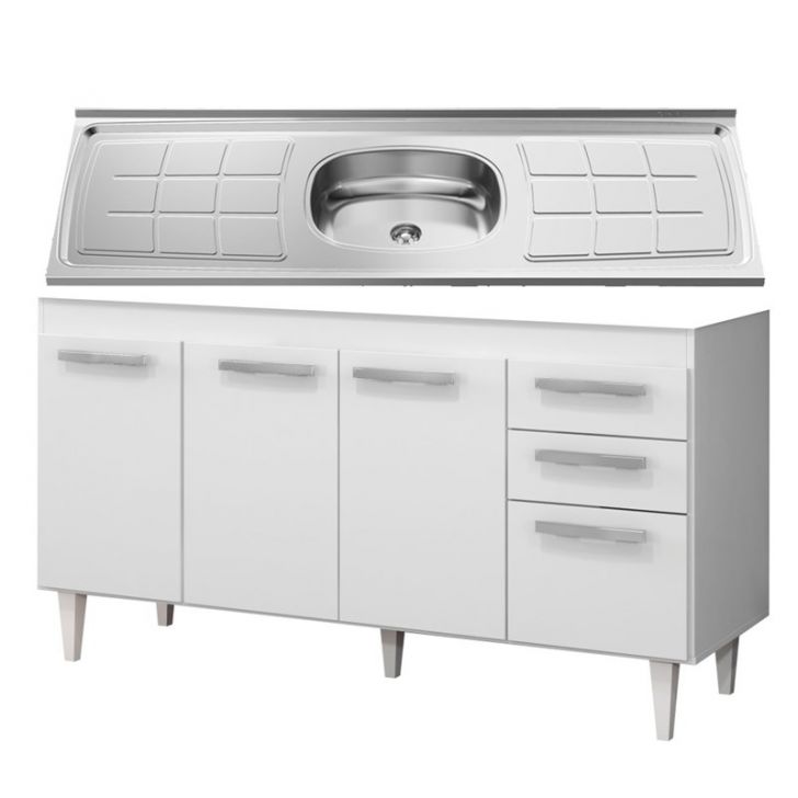 Balcão Gabinete Lis com Pia Inox 150cm 4 Portas Branco - Mpozenato