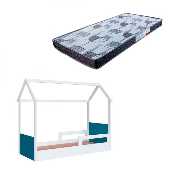 Cama Infantil Montessoriana Miney Branco e Azul com Colchão Astra D20 Preto e Cinza