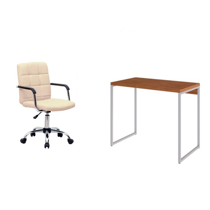 Conjunto de Mesa Studio Mel e Branca com Cadeira de Escritório Secretária Giratória Fitz Bege