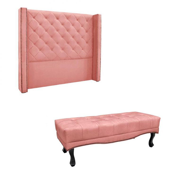 Conjunto de Cabeceira Queen com Recamier Vicenza Veludo Rosa
