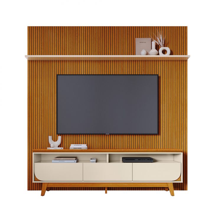 Rack Com Painel Para Tv Até 75 Polegadas Luna 3 Gavetas Cinamomo E Off White