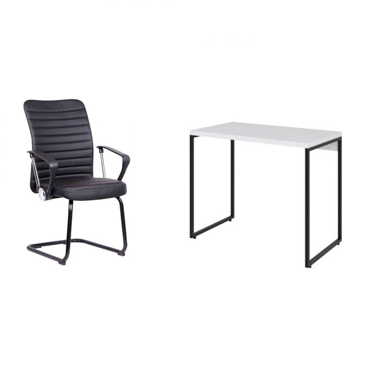 Conjunto de Mesa Studio Branca e Preta com Cadeira de Escritório Interlocutor Fixa Oslo Preta