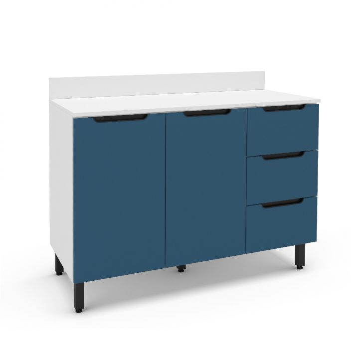 Balcão De Cozinha Meena Com Tampo 2 Portas 3 Gavetas Azul E Branco