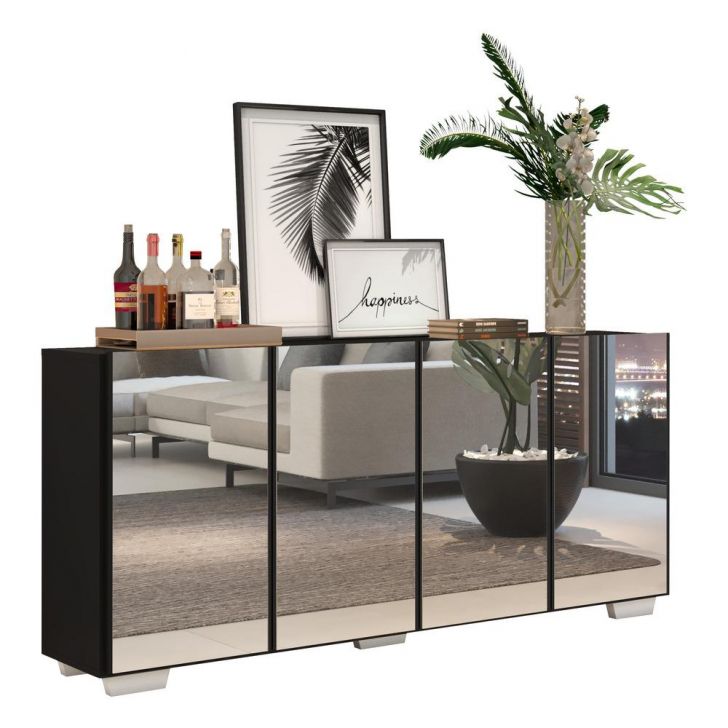 Aparador Buffet 4 portas com Espelho e Pés Quadrados Vegas Multimóveis V3560 Preto/Branco