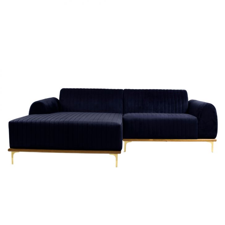 Image of Sofá 3 Lugares Molino Com Chaise Esquerdo Veludo Azul Marinho E Dourado PLA-MO895UP52IQDMOB