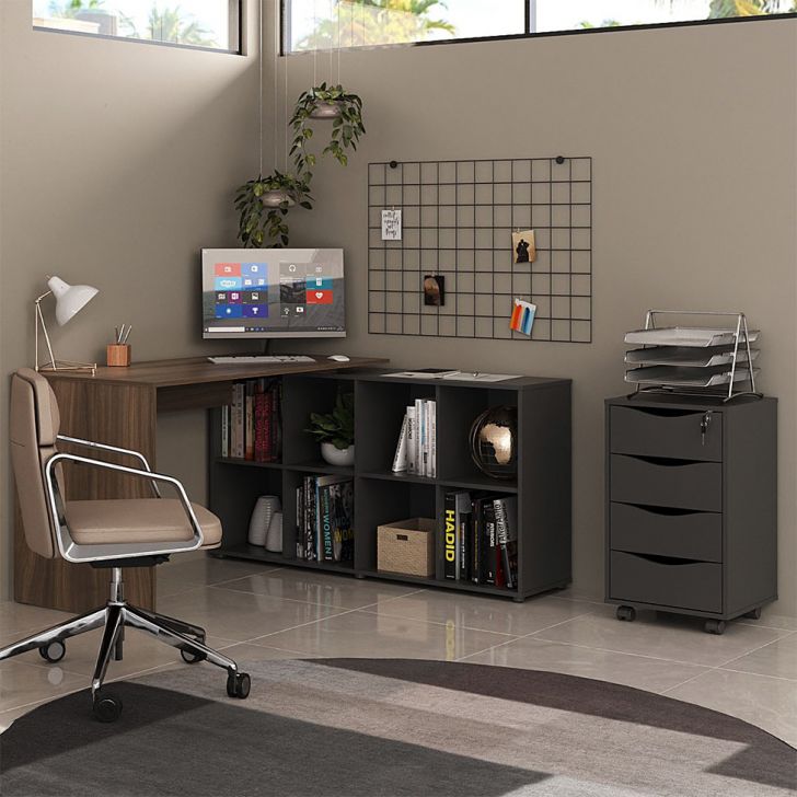 Mesa de Escritório em L Nero com Gaveteiro Bit 4 GV Ipê e Preta
