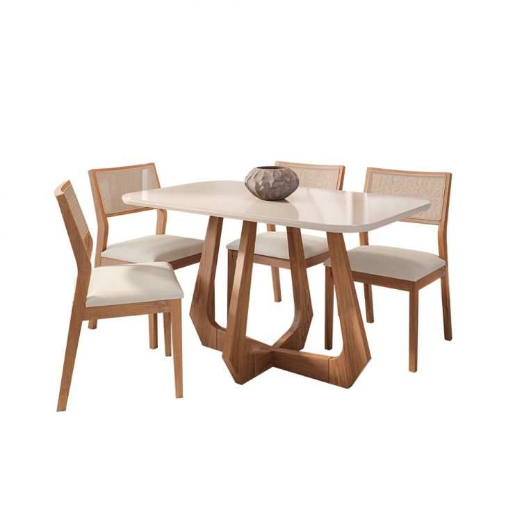 Conjunto De Mesa Retangular Com Tampo De Vidro Off White Bromélia E 4 Cadeiras Oiti Linho Cru E Madeira 130 Cm