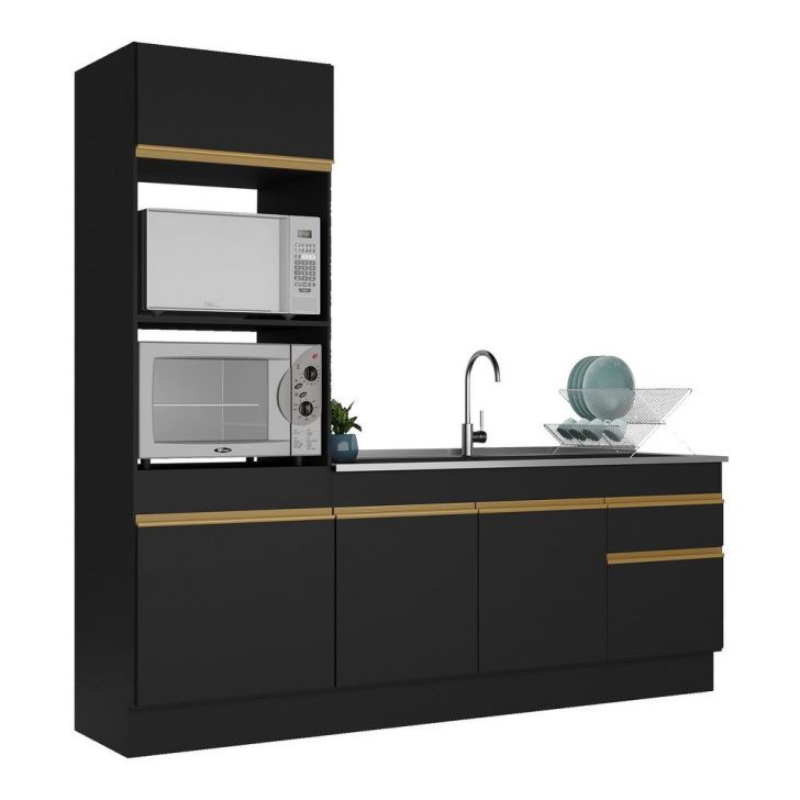 Armário de Cozinha Compacta 212cm com Rodapé Veneza Multimóveis V2113 Preto/Dourado