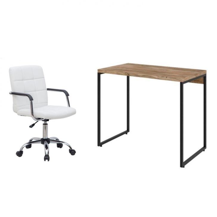 Conjunto de Mesa Studio Carvalho com Cadeira de Escritório Secretária Giratória Fitz Branca