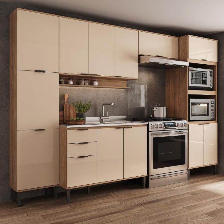 Armário de Cozinha Completa c Balcão Miami Pulse Carraro Off White c Freijó