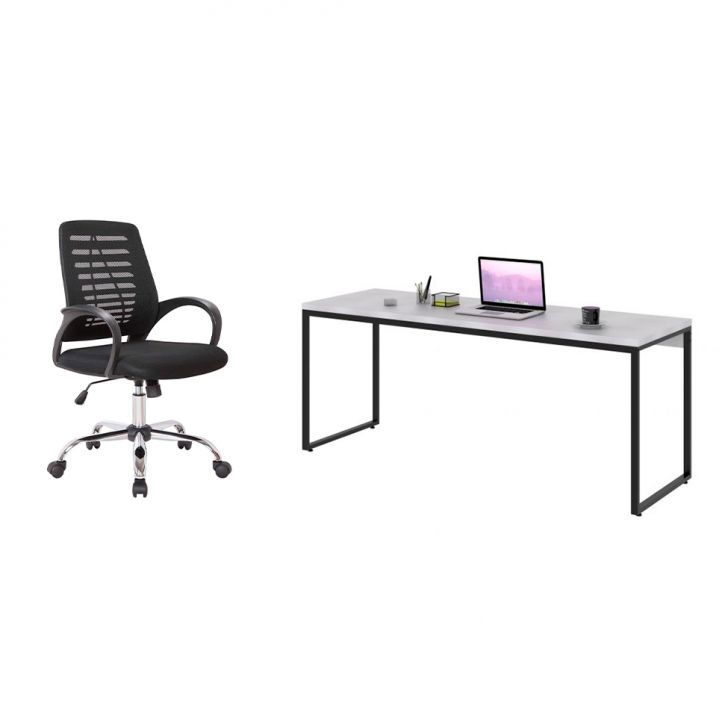 Conjunto de Mesa Studio Branca 180 cm com Cadeira de Escritório Secretária Giratória Light Preta