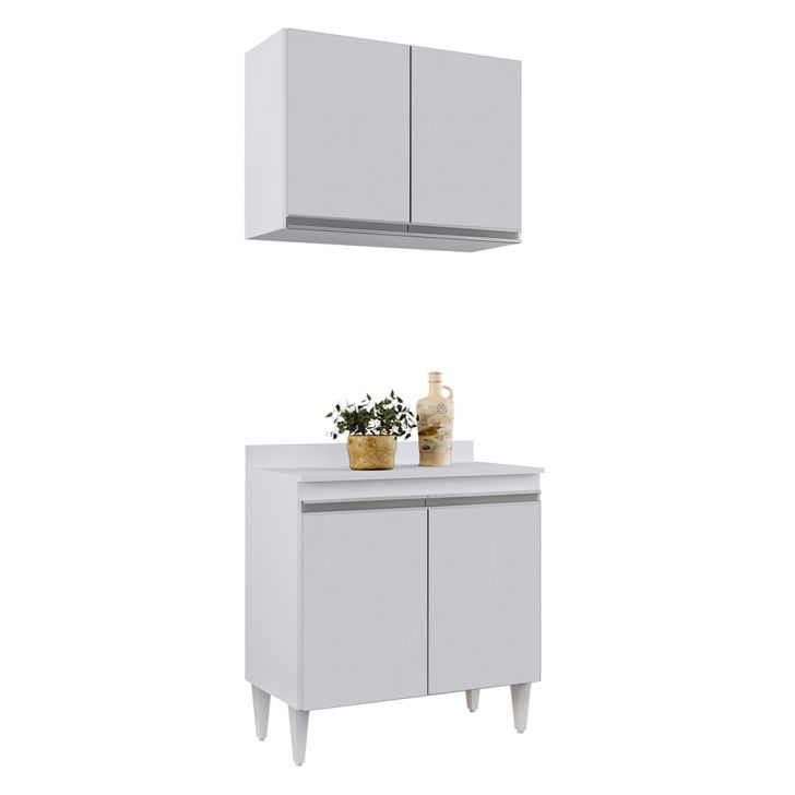 Kit Armário Aéreo e Balcão de Cozinha Lavanderia 02 Portas Loren Branco com Tampo 80 cm - D'Rossi