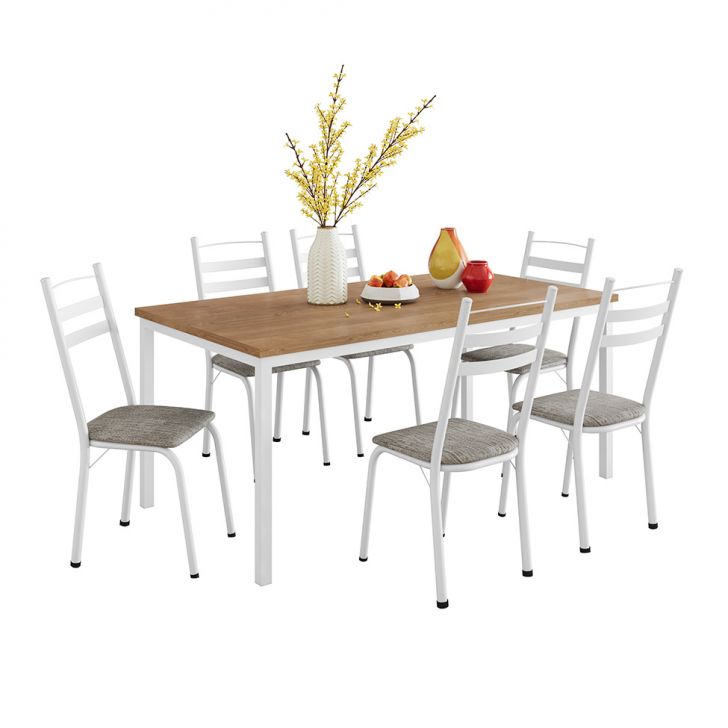 Conjunto De Mesa Retangular Com Tampo De Mdp Amadeirado E 6 Cadeiras Adriana Iii Revestimento Sintético Cinza Claro E Branco