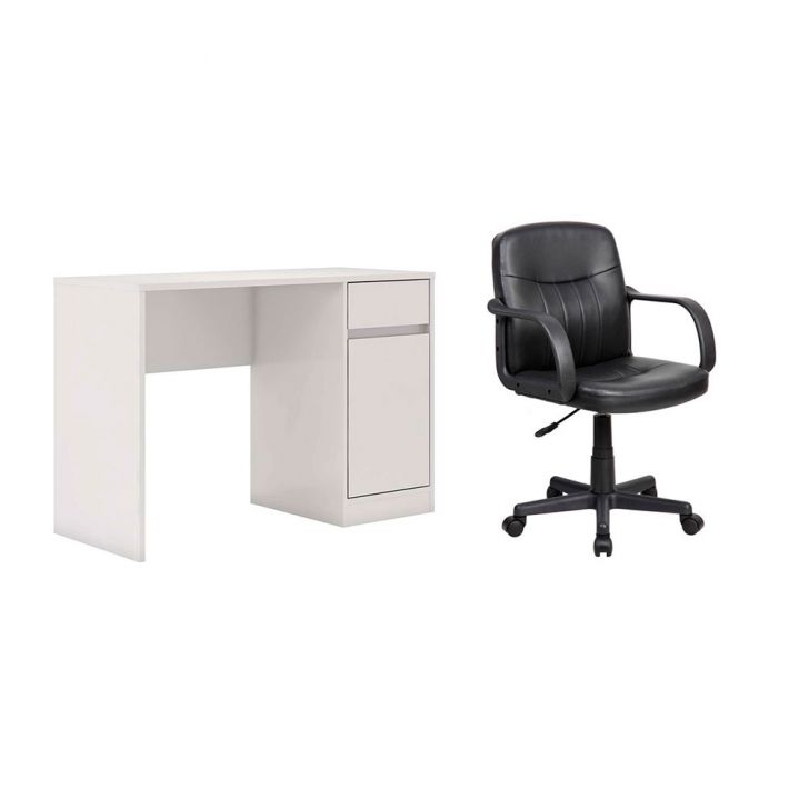 Conjunto de Mesa Morada 1 PT 1 GV Branca com Cadeira de Escritório Secretária Giratória Clean Preta