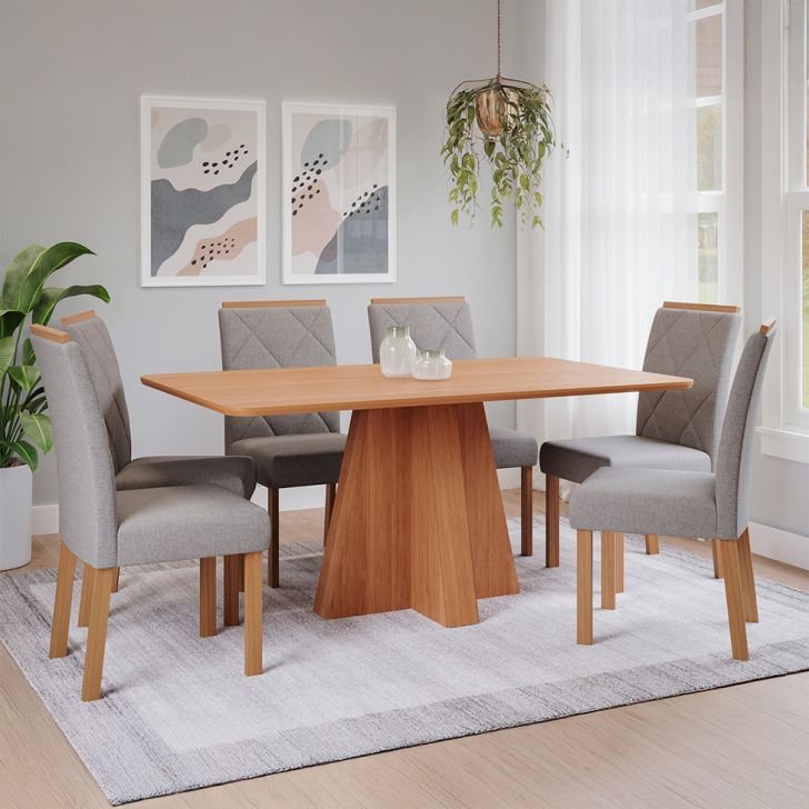 Image of Conjunto De Mesa Retangular Com Tampo De Mdf Cinamomo Maitê E 6 Cadeiras Fernanda Linho Grafite E Madeira PLA-MO895TA52KJZMOB